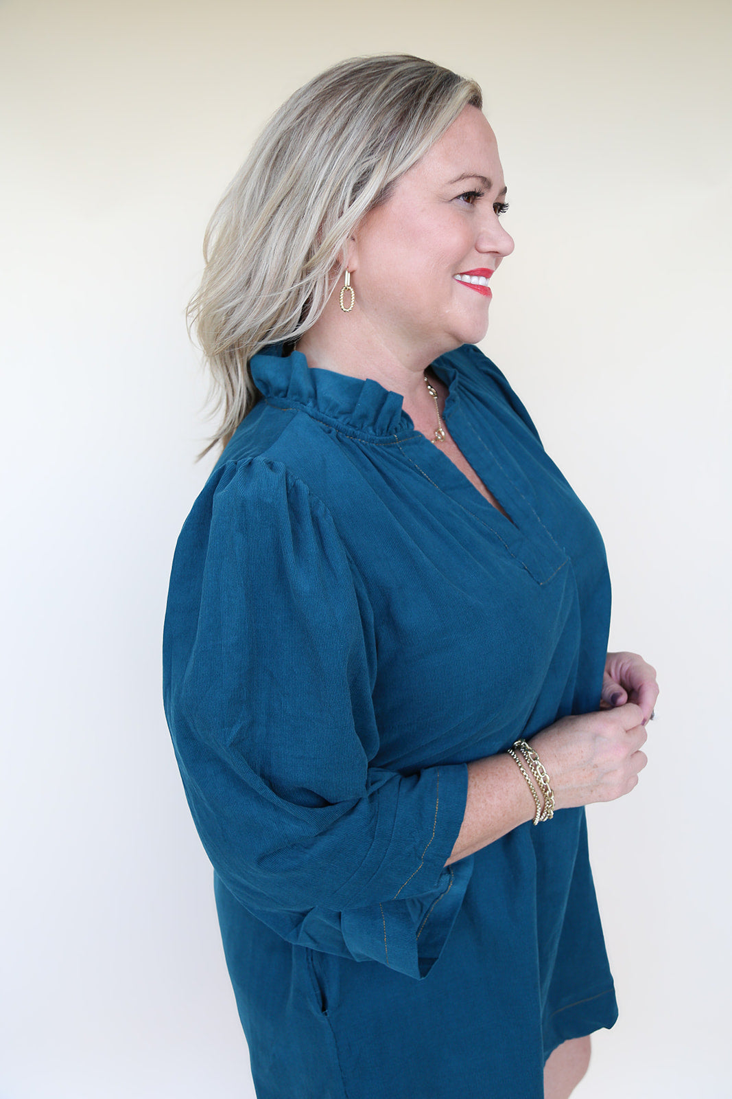 Teal Corduroy Ruffled V-Neck Shift Dress