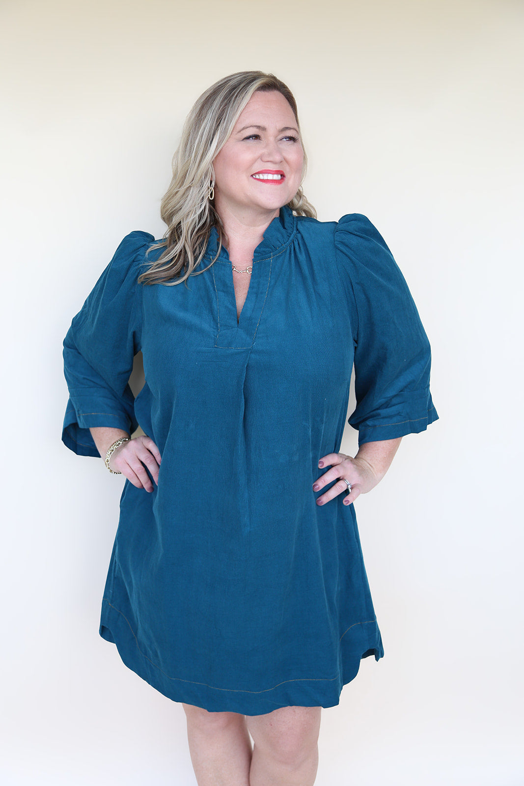 Teal Corduroy Ruffled V-Neck Shift Dress