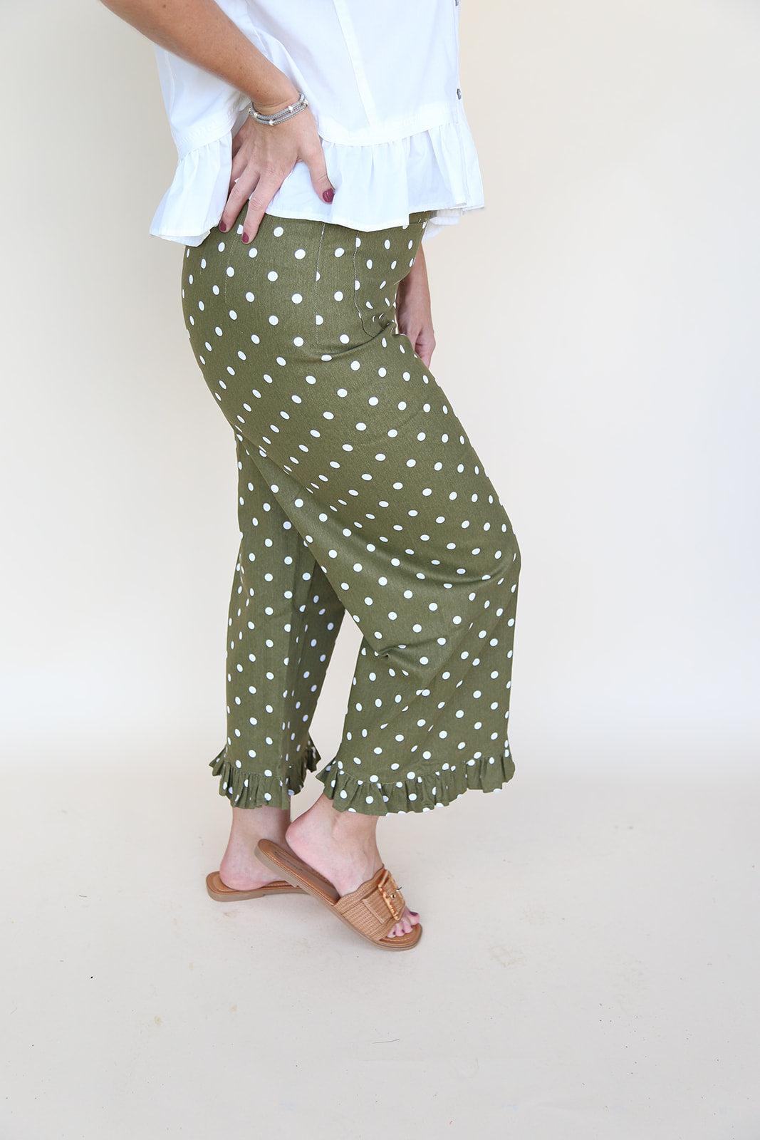 Olive Polka Dot Ruffled Hem Pants