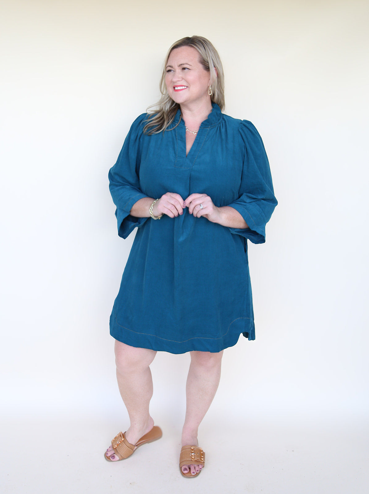 Teal Corduroy Ruffled V-Neck Shift Dress