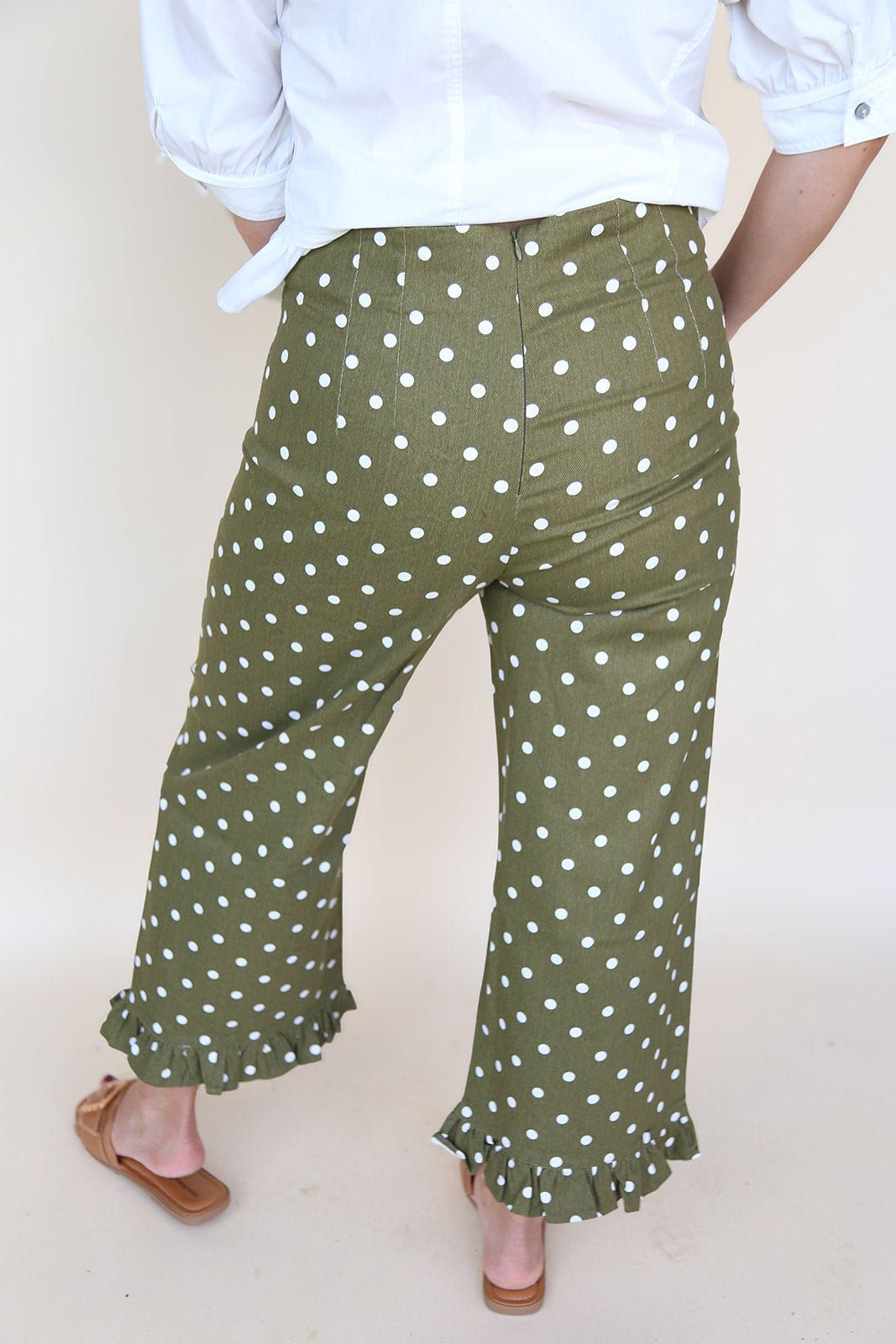 Olive Polka Dot Ruffled Hem Pants