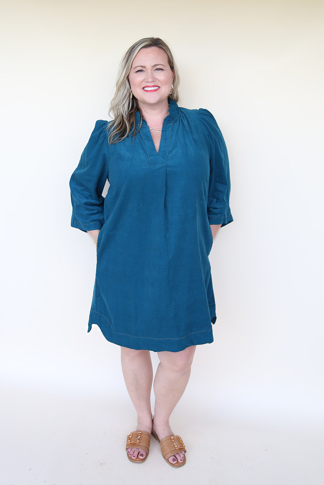 Teal Corduroy Ruffled V-Neck Shift Dress