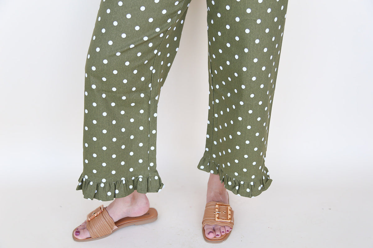 Olive Polka Dot Ruffled Hem Pants