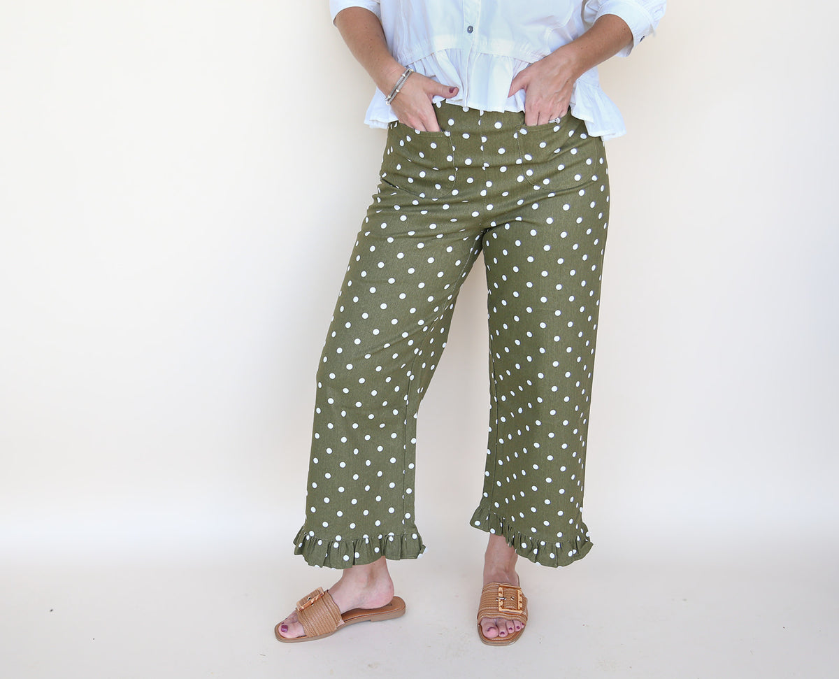 Olive Polka Dot Ruffled Hem Pants