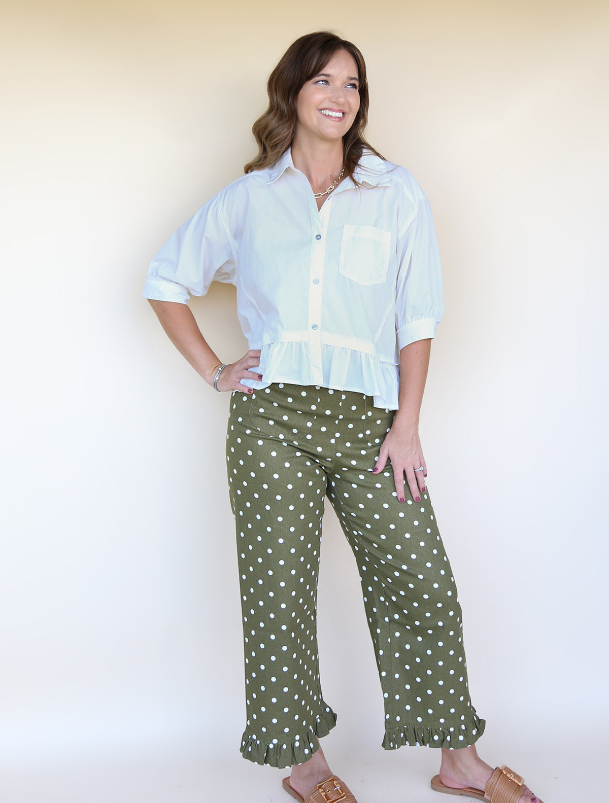 Olive Polka Dot Ruffled Hem Pants