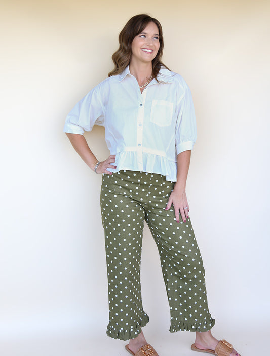 Olive Polka Dot Ruffled Hem Pants