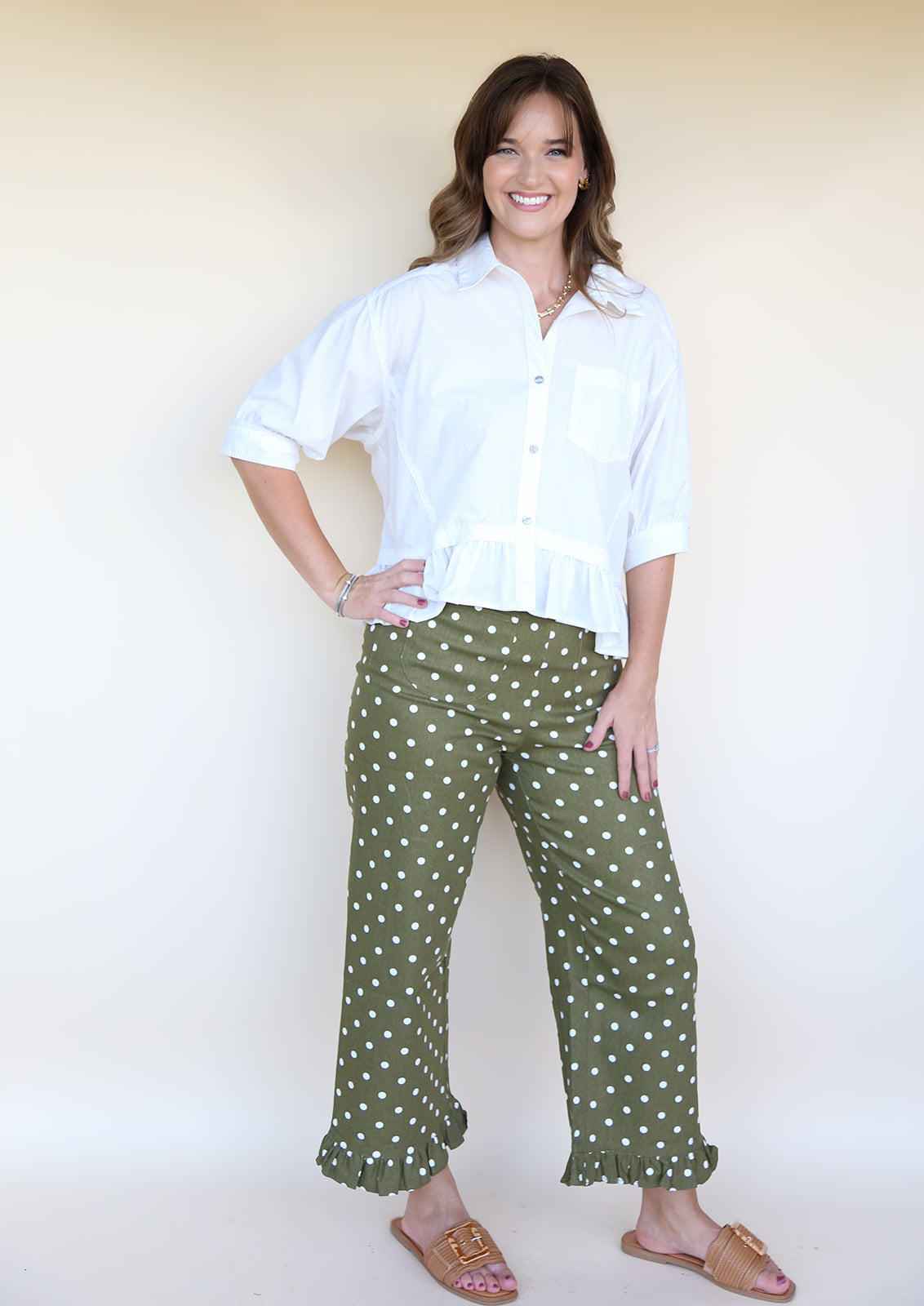 Olive Polka Dot Ruffled Hem Pants