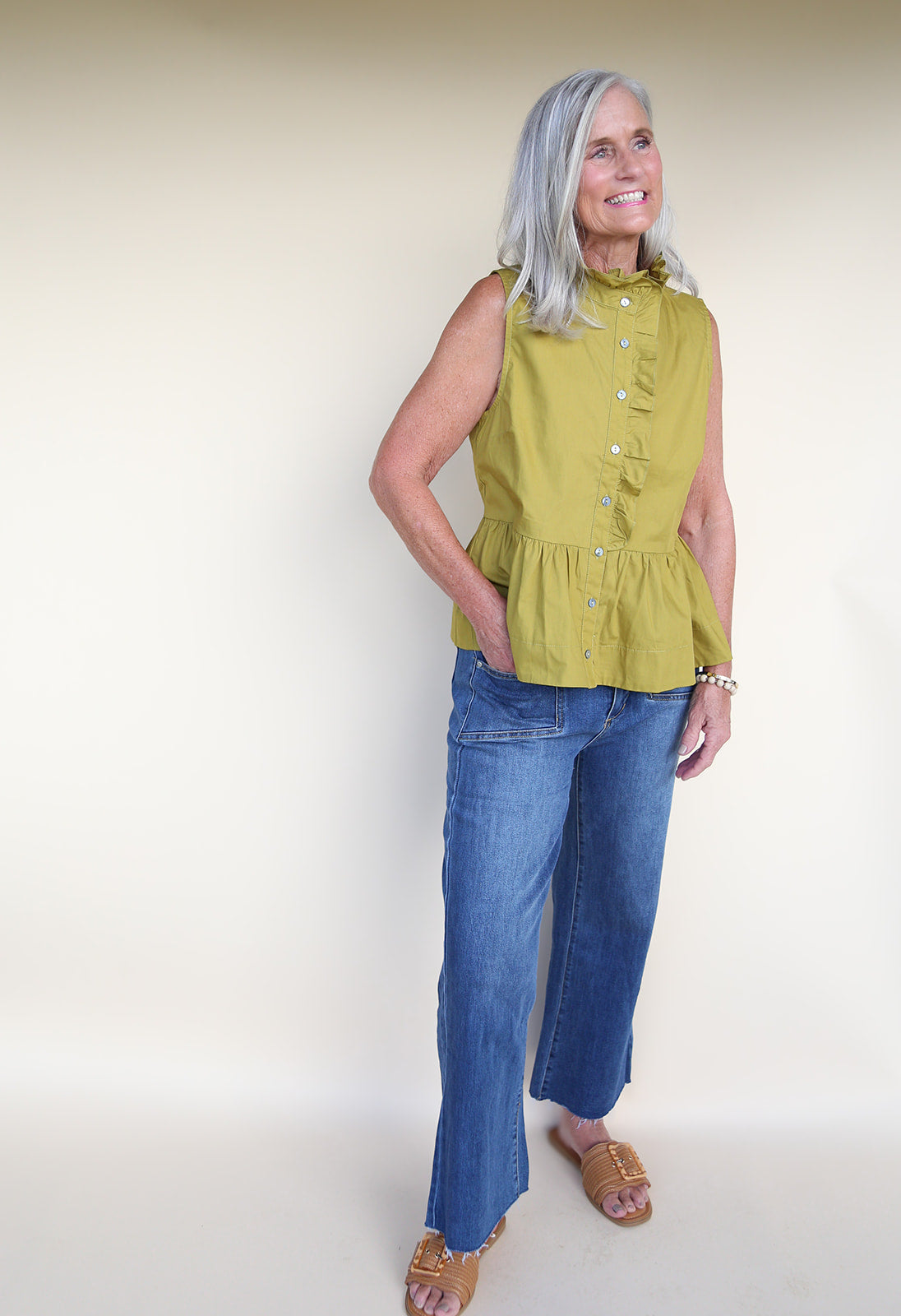 Page Sleeveless Olive Ruffled Top