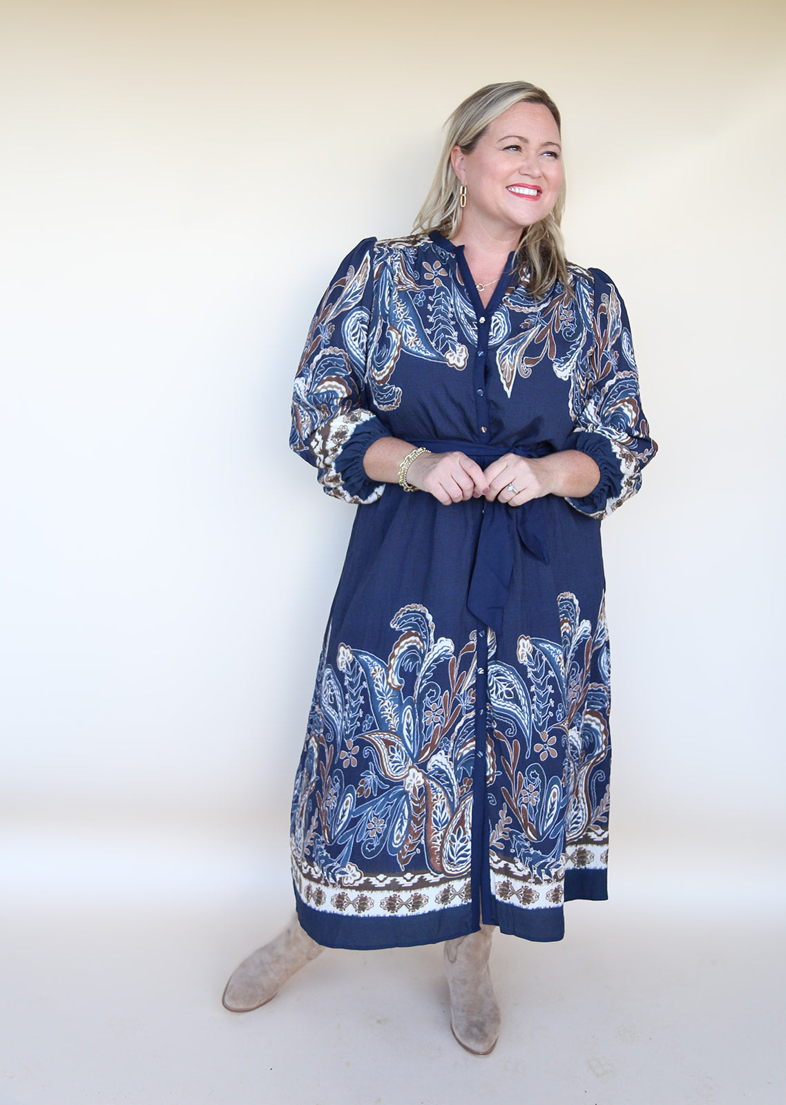 Sienna Paisley Midi Dress in Navy