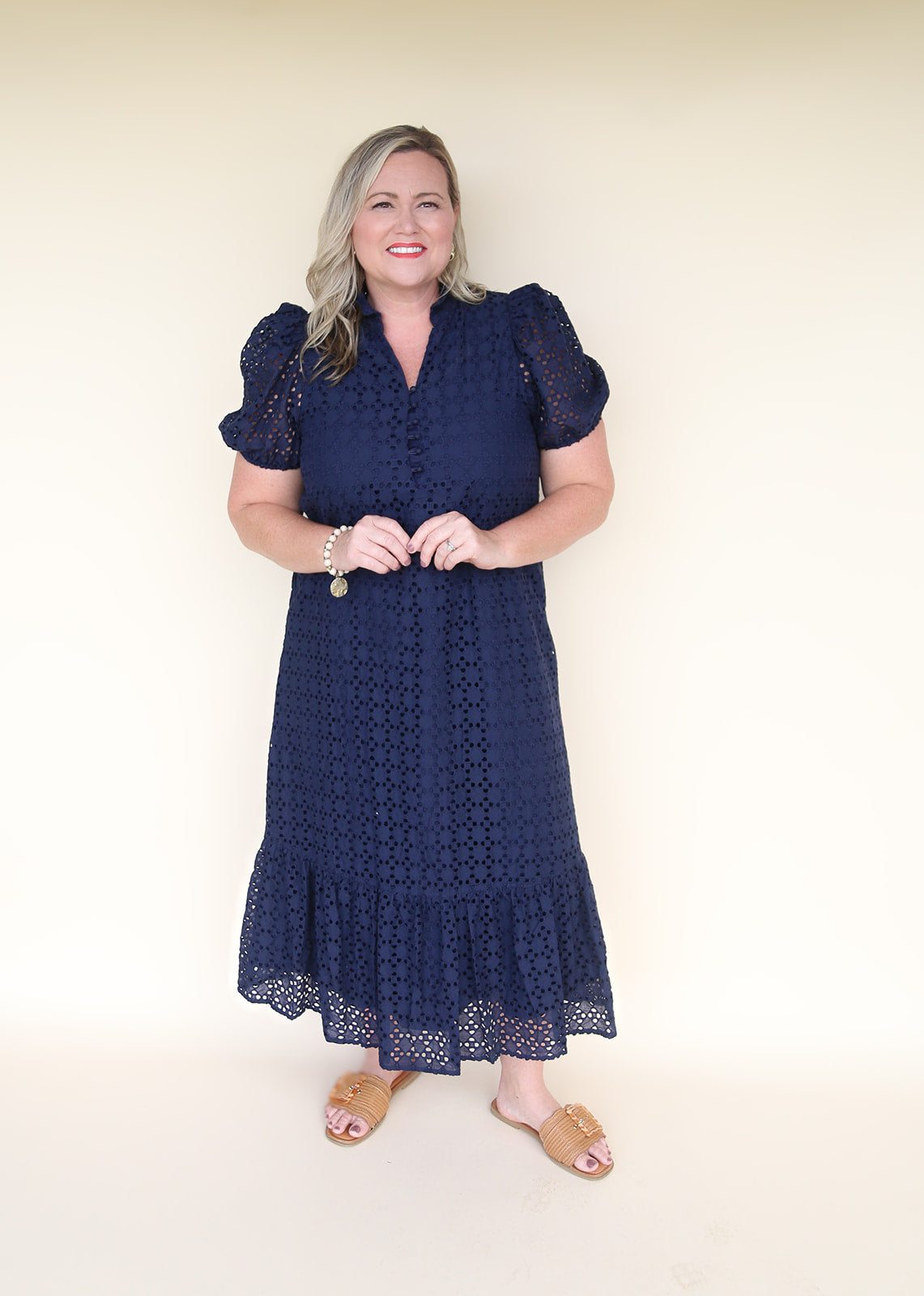 The Kate Midi Eyelet Dress in Navy