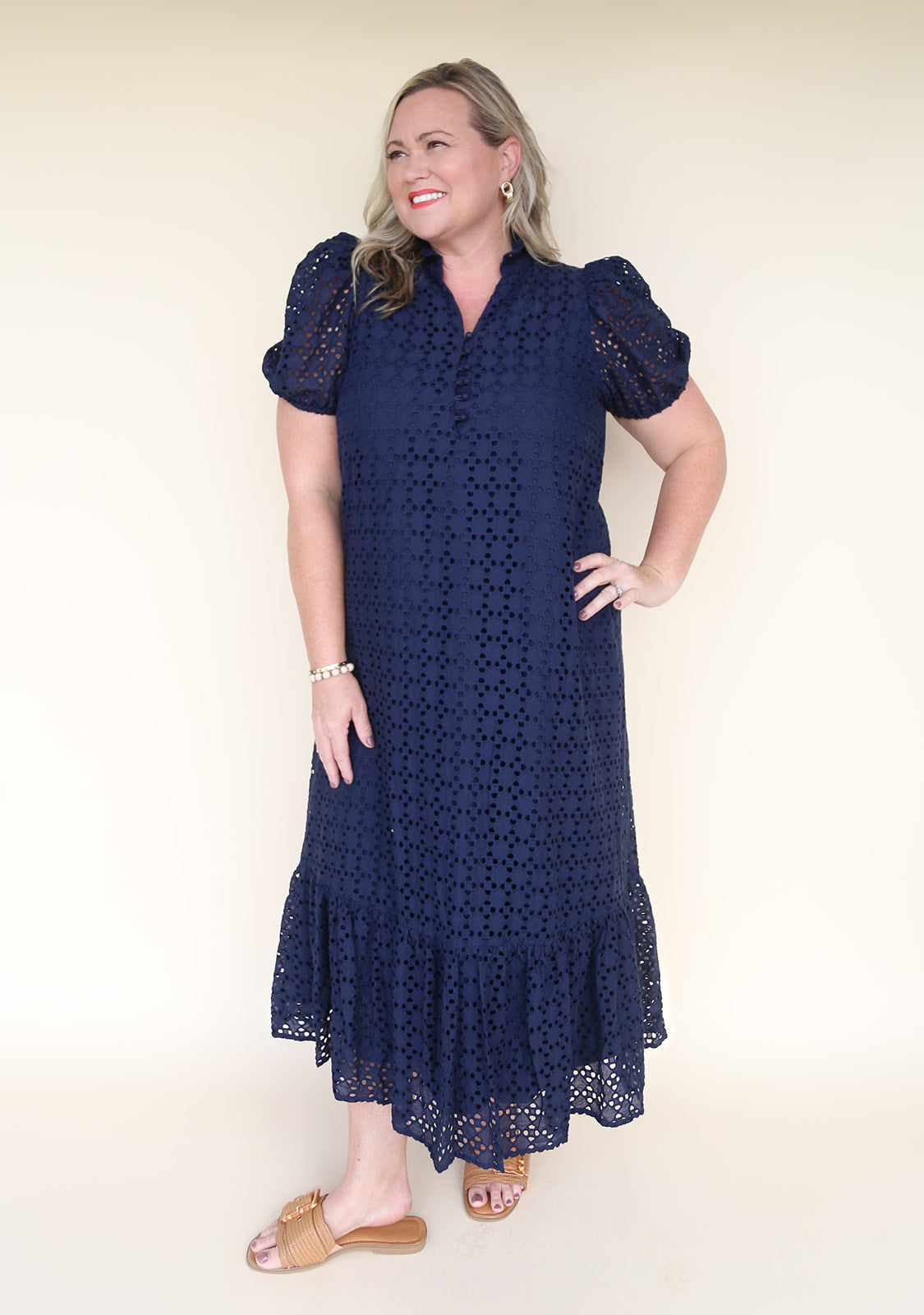 The Kate Midi Eyelet Dress in Navy