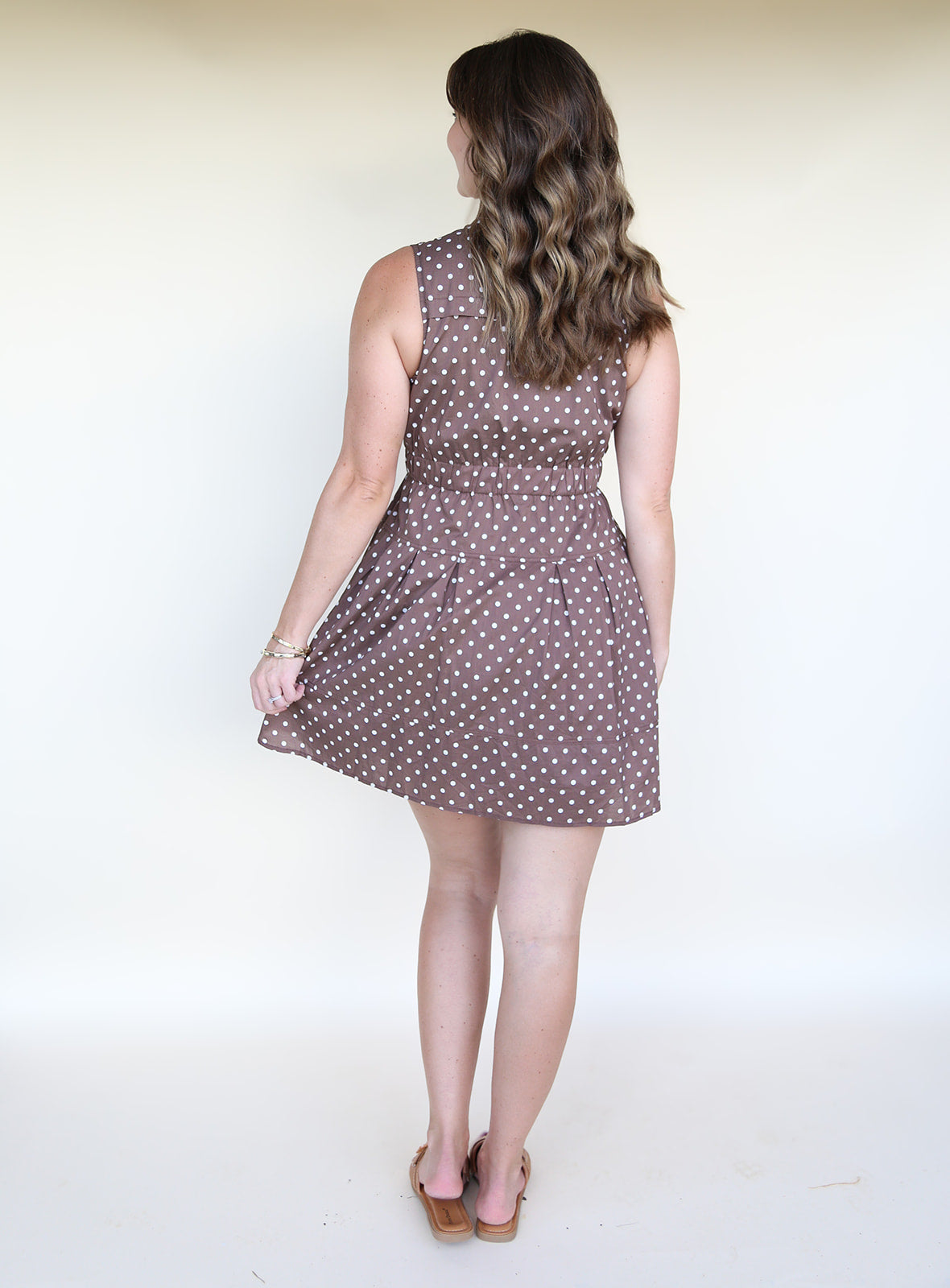 Kayla Sleeveless Cocoa Dress with Polka Dots