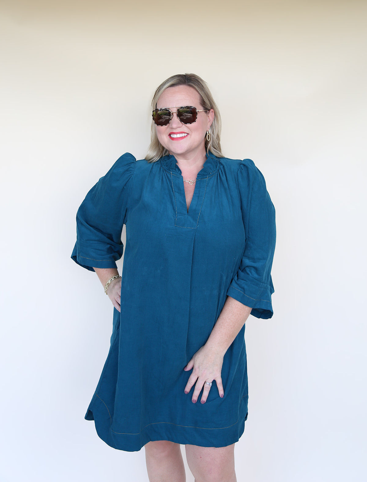 Teal Corduroy Ruffled V-Neck Shift Dress