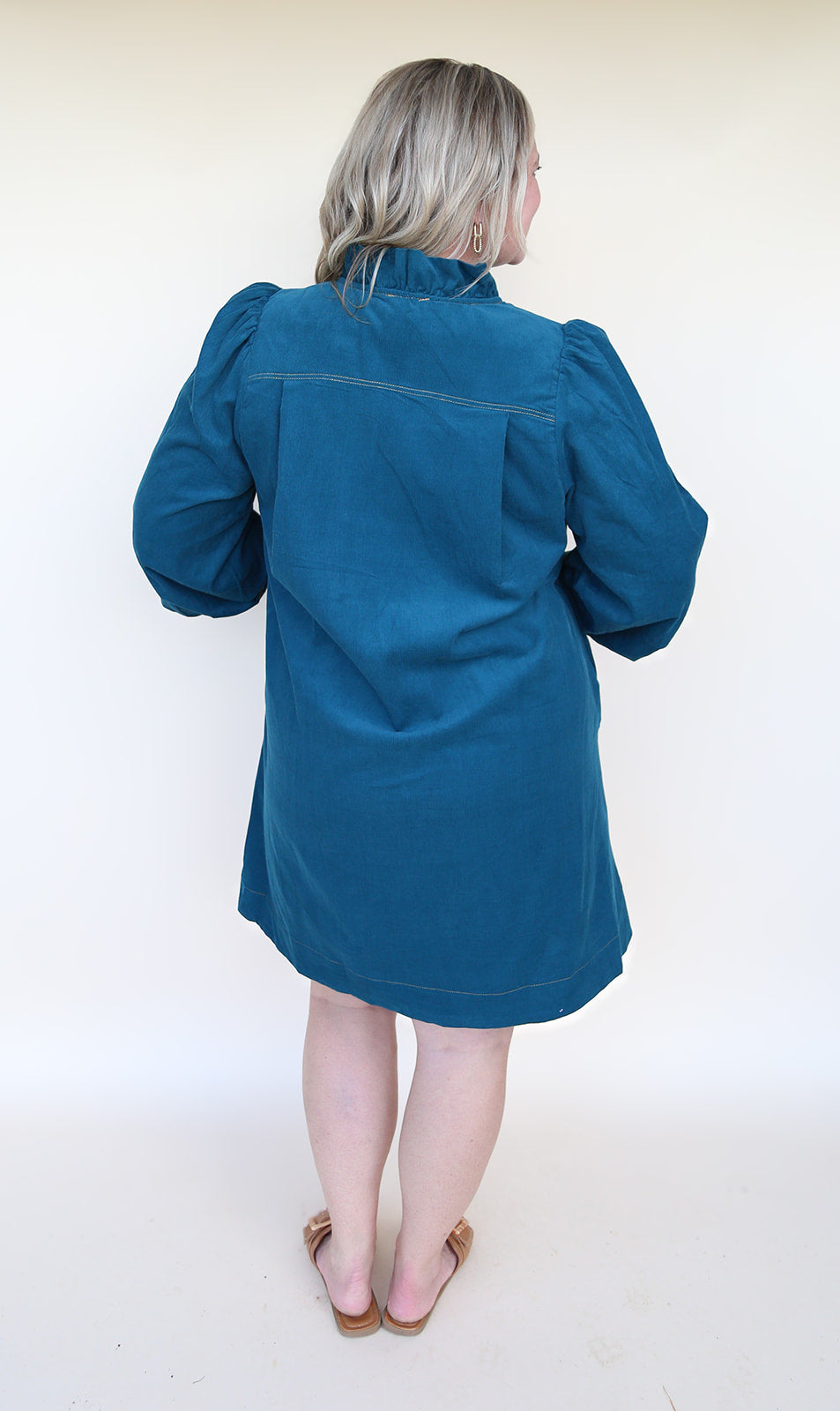 Teal Corduroy Ruffled V-Neck Shift Dress