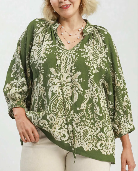 PLUS-Olive & Cream Paisley Blouse