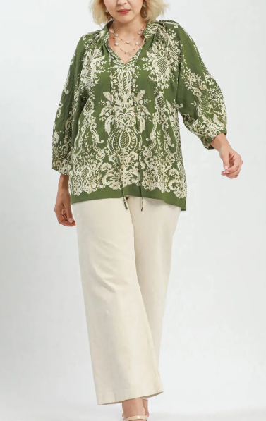 PLUS-Olive & Cream Paisley Blouse