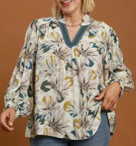 PLUS-Teal & Ivory Floral Blouse