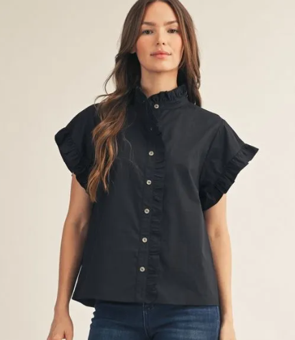 Black Ruffle Collared Top