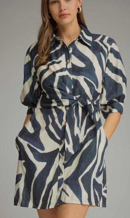 Navy & Cream Tie Waist Dress