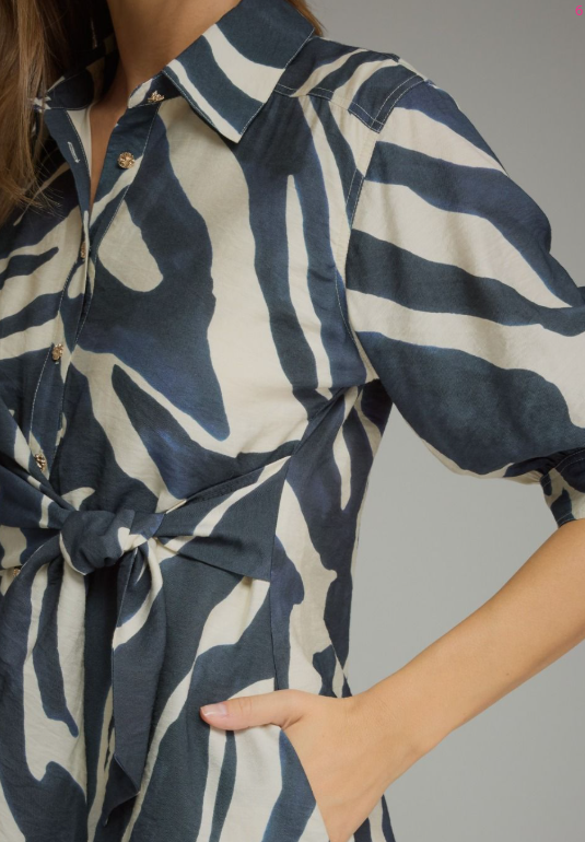 Navy & Cream Tie Waist Dress
