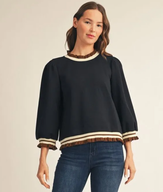 Mocha Charm Contrast Ruffle Trim Sweater