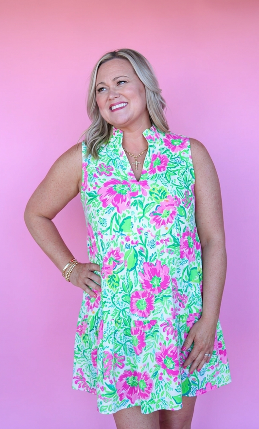 Tiered Lime Dress with Ruffle Mock Collar