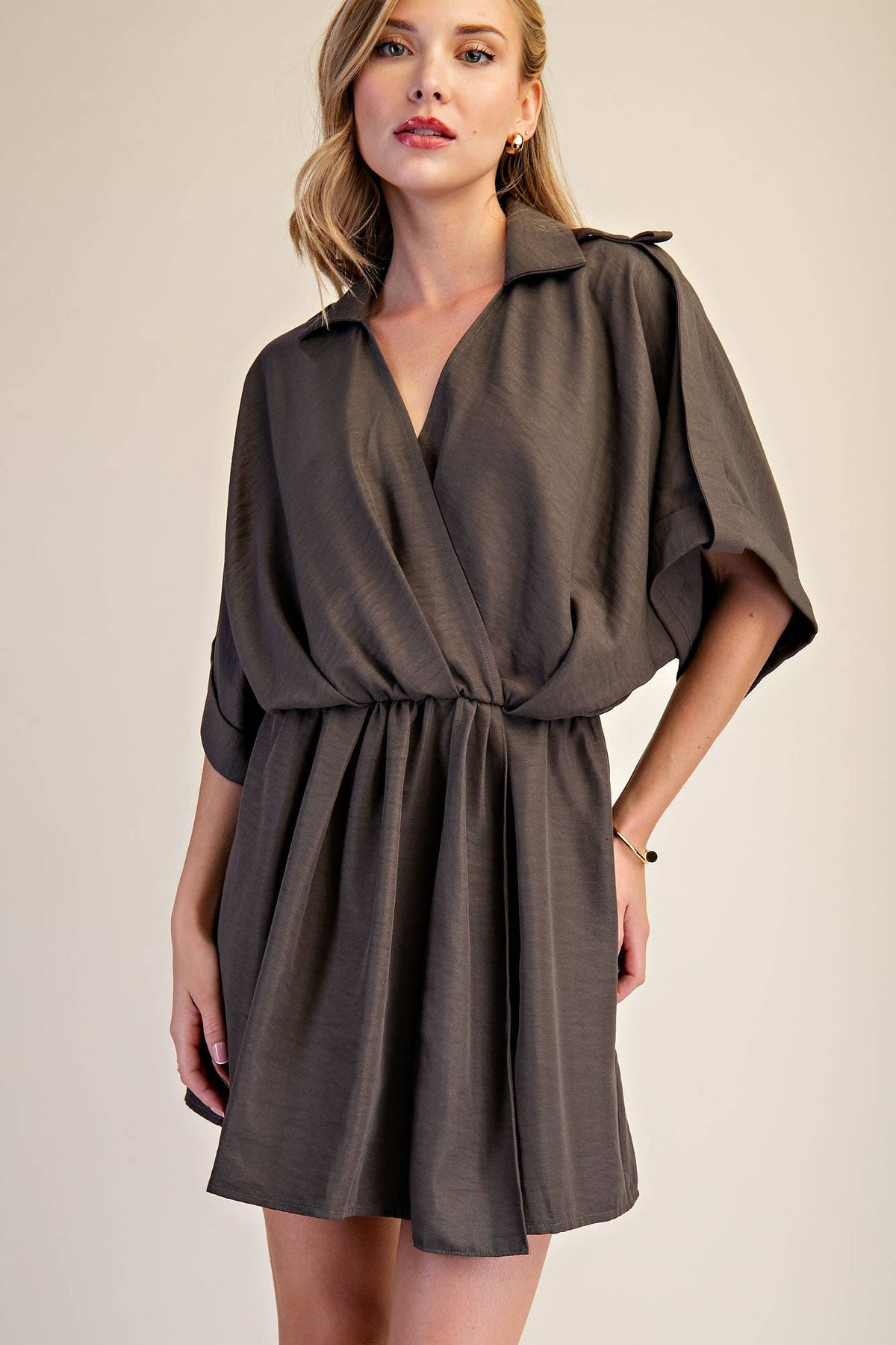 Lapel Collar With V-neckline Wrap Dress: Burgundy / L