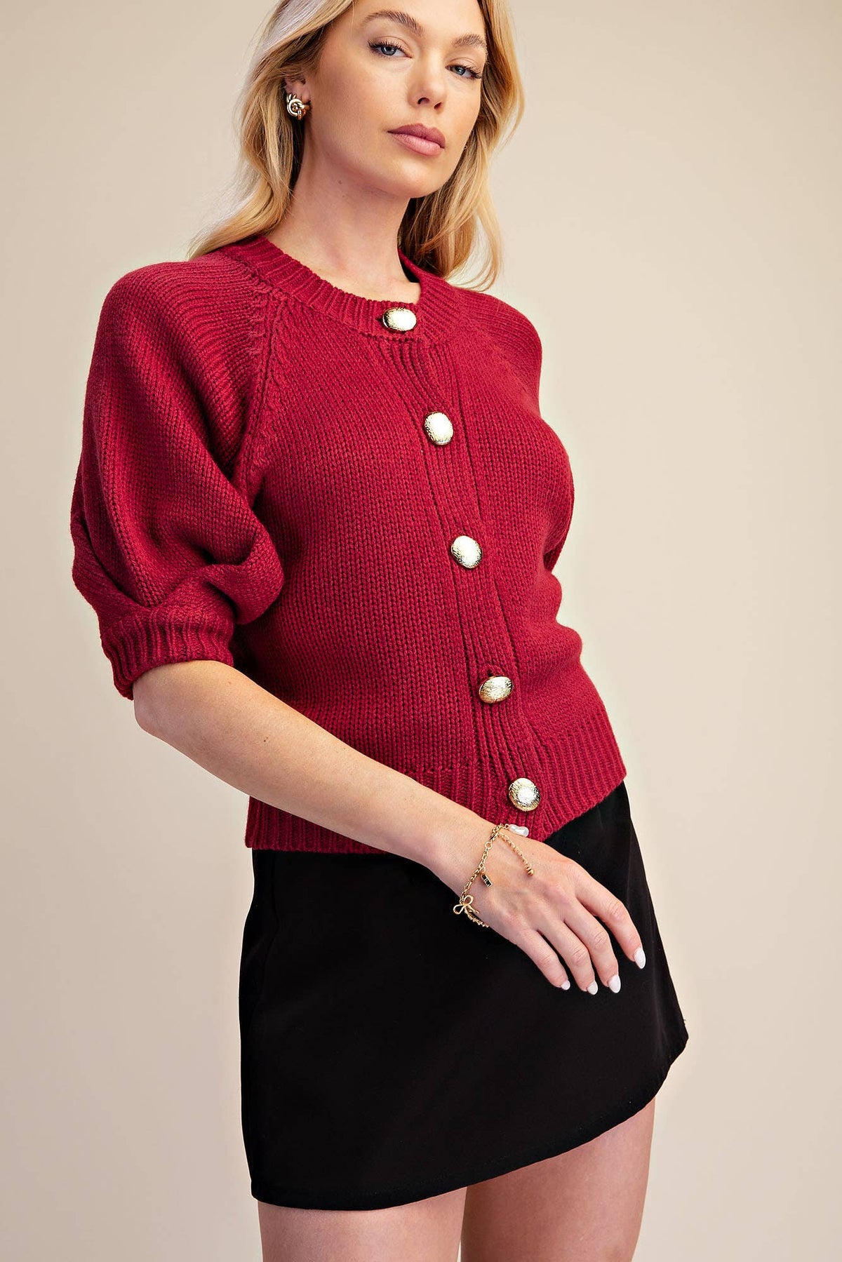Puff Sleeve Sweater Cardigan: Black / M