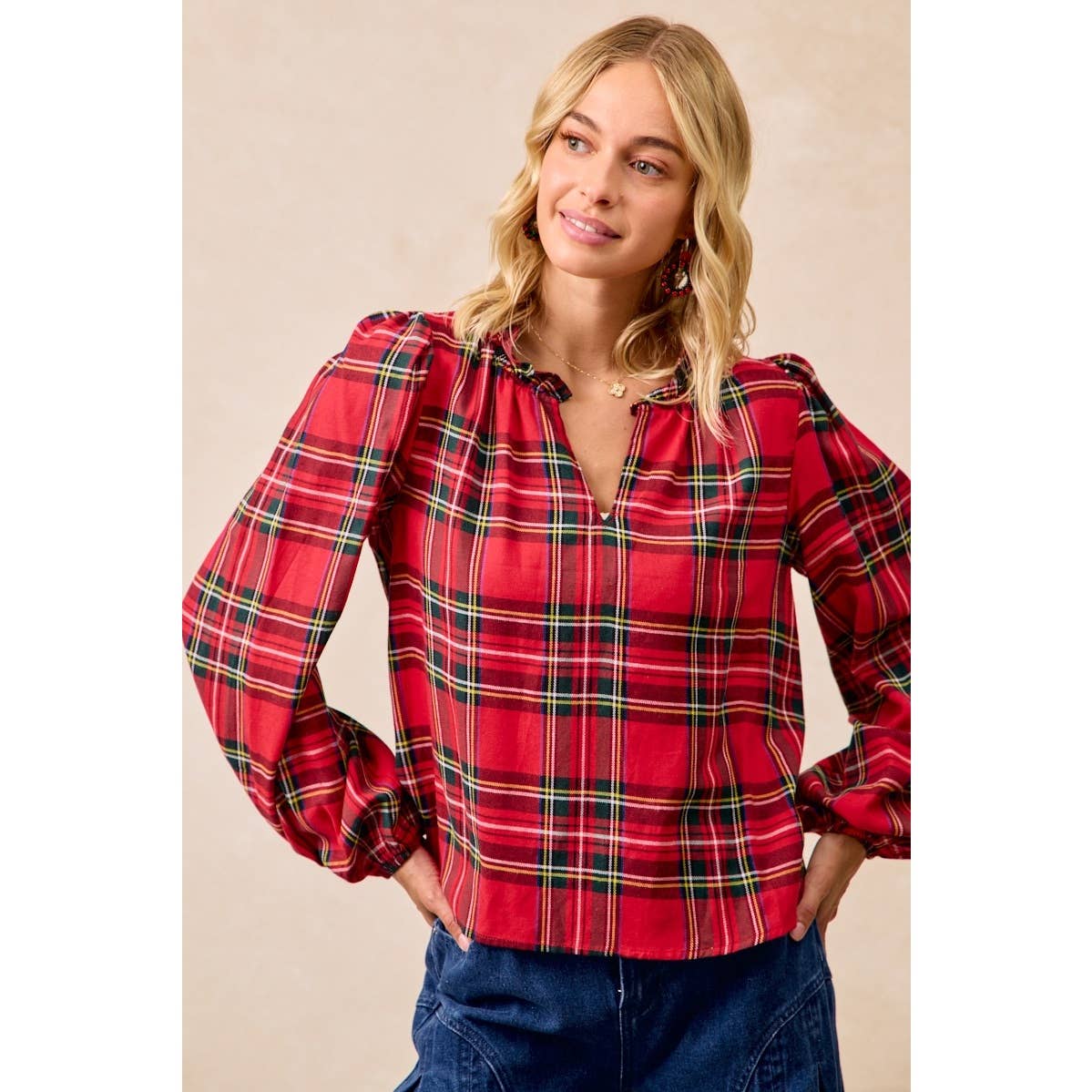 CHRISTMAS PLAID BALLOON SLEEVES RUFFLED V-NECK TOP: RED PLAID / L