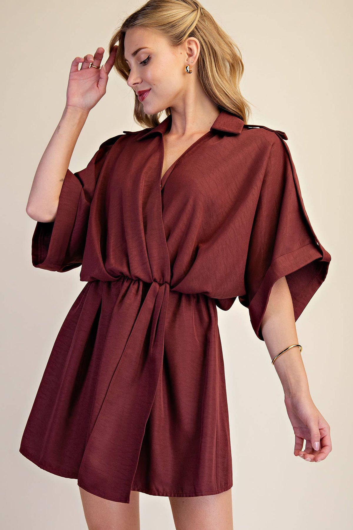 Lapel Collar With V-neckline Wrap Dress: Burgundy / L