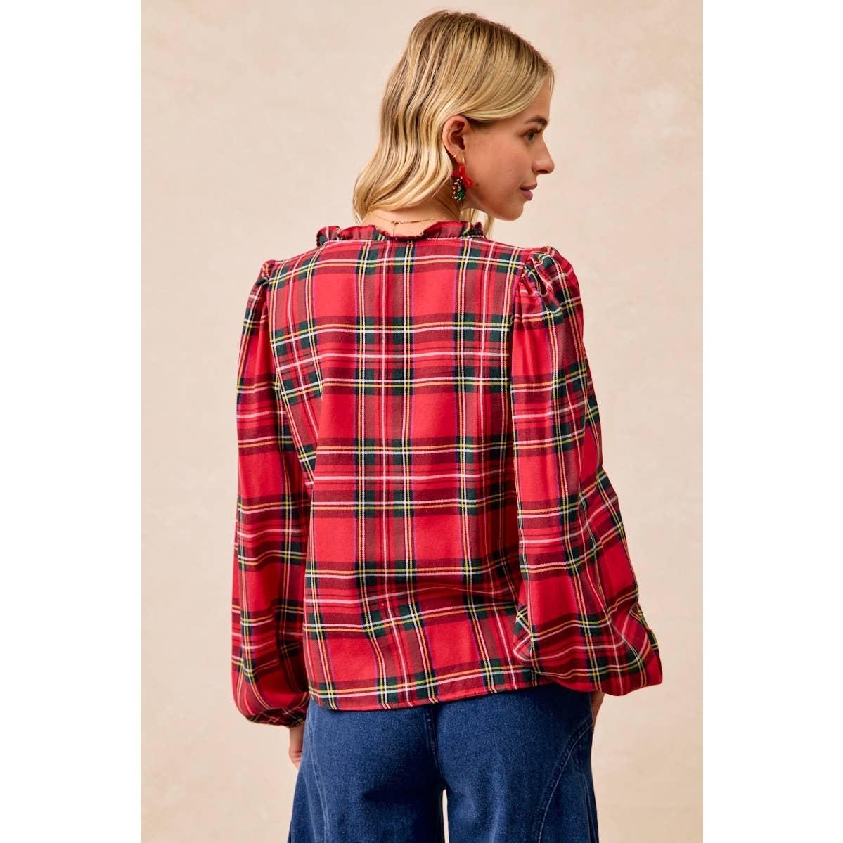 CHRISTMAS PLAID BALLOON SLEEVES RUFFLED V-NECK TOP: RED PLAID / L