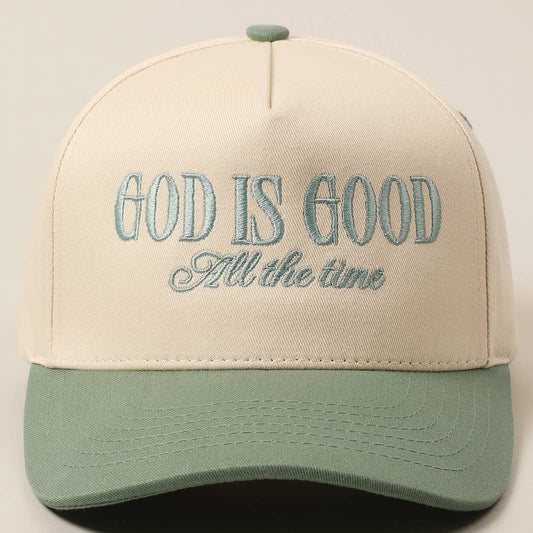 God Is Good All The Time Embroidery Trucker Hat: SAGE