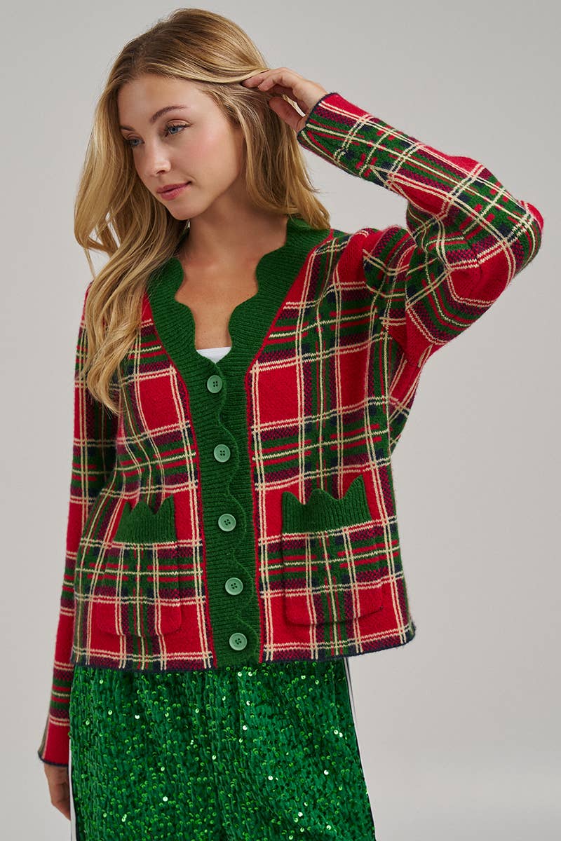 CHRISTMAS PLAID CHECK SWEATER CARDIGAN _JLT00401-02: NAVY CHECK / S-M-L(2-2-2)