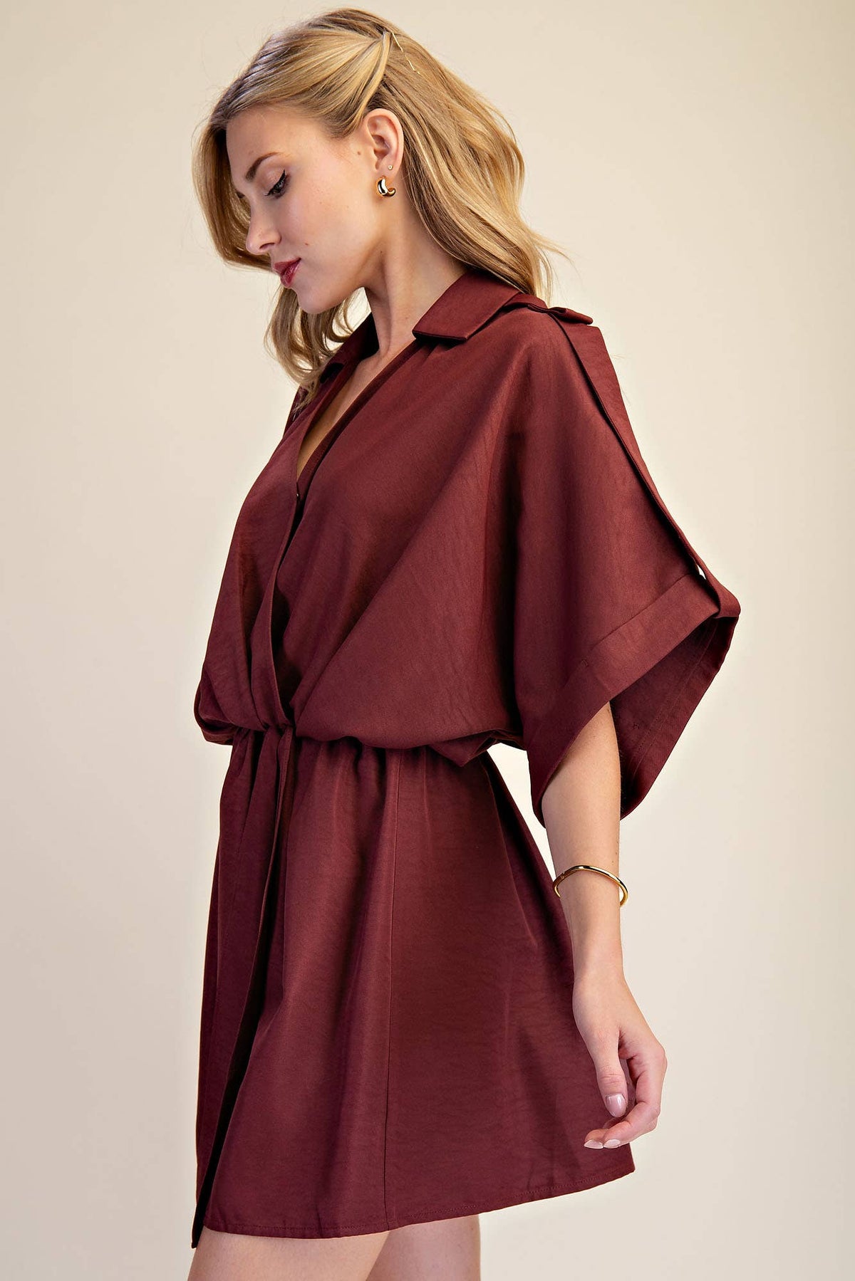 Lapel Collar With V-neckline Wrap Dress: Burgundy / L