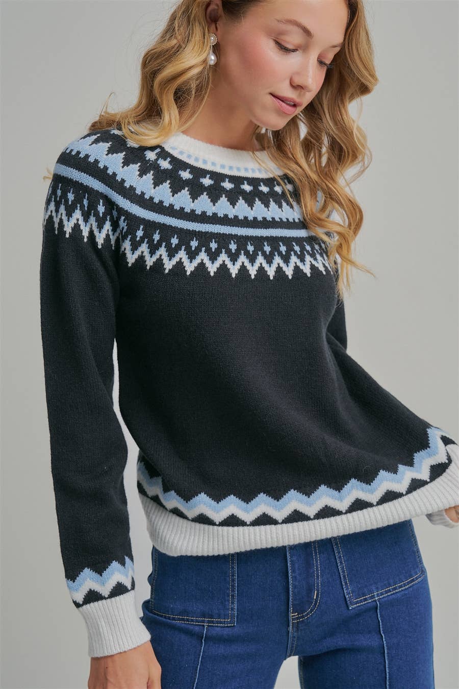 NORDIC FAIR ISLE CREWNECK SWEATER TOP_JLT00287-01: BLACK/BLUE / S-M-L(2-2-2)