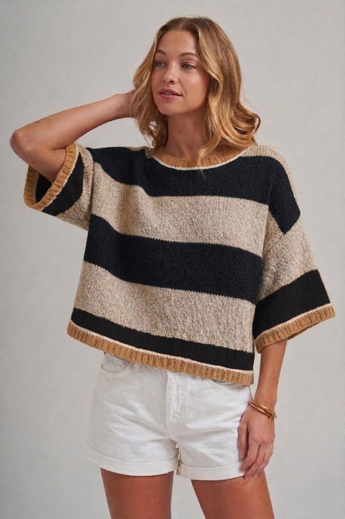 WIDE STRIPE LOOSE FIT DROP SHOULDER SWEATER TOP_JLT00303-01: SAGE/OLIVE / S-M-L(2-2-2)