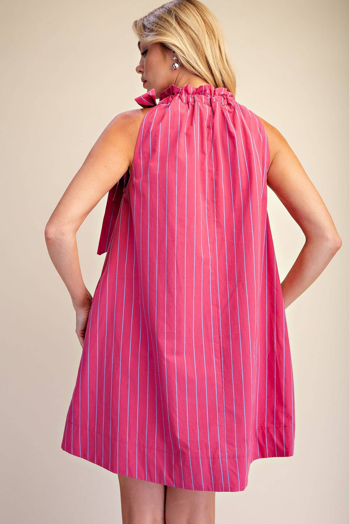 Stripe Mini Dress Ruffle Neck Adjustable Tie Sleeveless: Camel/Slate / L