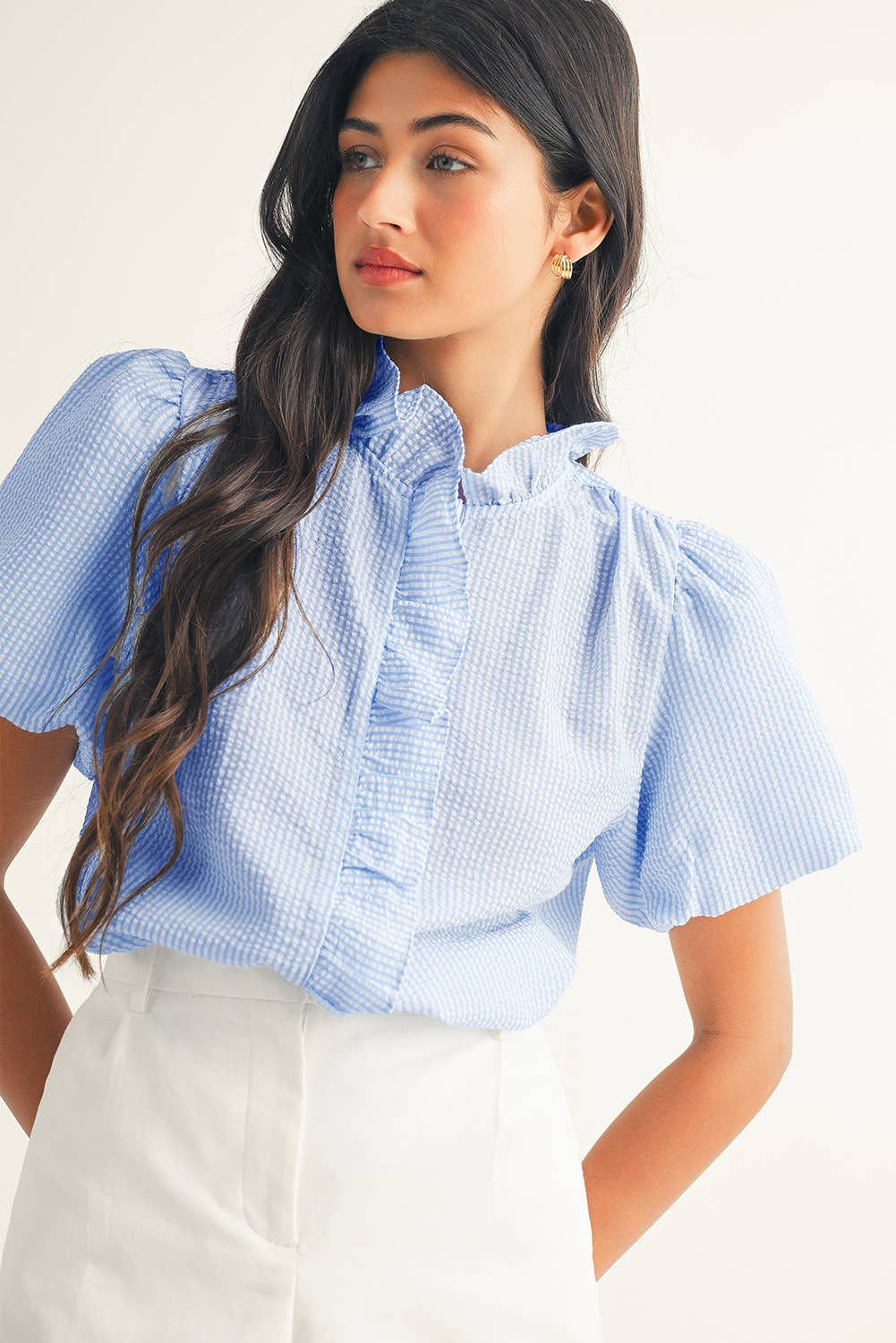 LDC Striped Ruffle Short Bubble Sleeve Top: Black / S