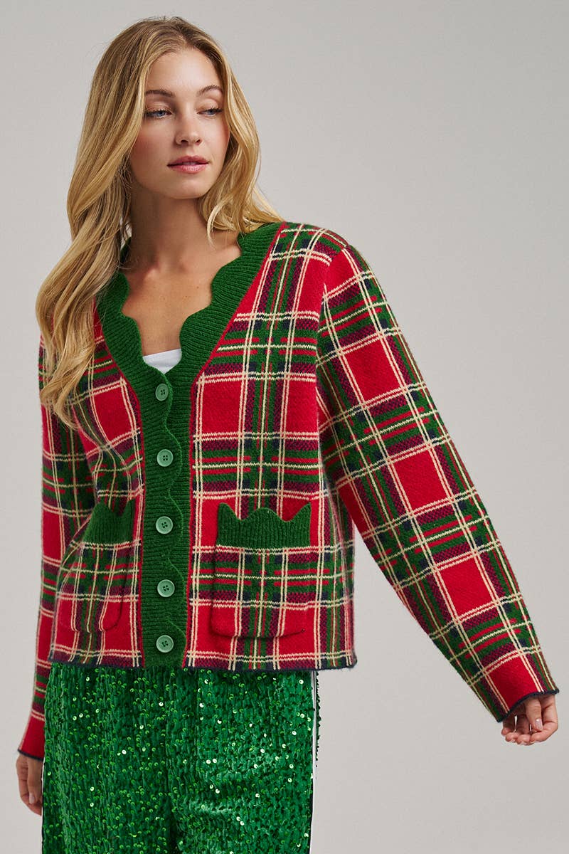 CHRISTMAS PLAID CHECK SWEATER CARDIGAN _JLT00401-02: NAVY CHECK / S-M-L(2-2-2)