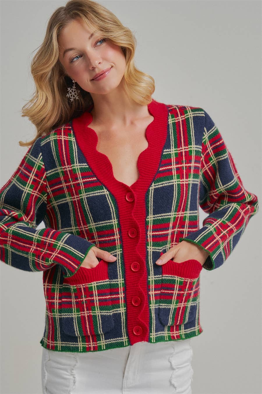 CHRISTMAS PLAID CHECK SWEATER CARDIGAN _JLT00401-02: NAVY CHECK / S-M-L(2-2-2)