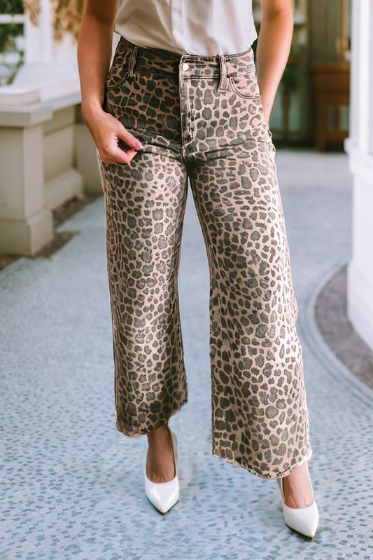 Leopard Frayed Edge Wide Leg High Waist Jeans: Brown
