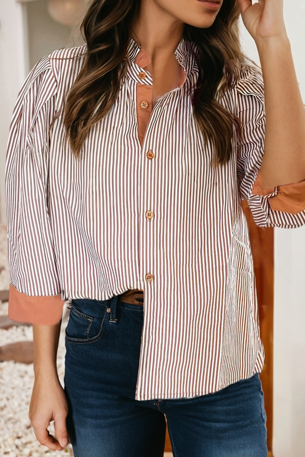 LDC Color Block Patchwork Detail Frilled Collar Button Down : Khaki Stripe / M