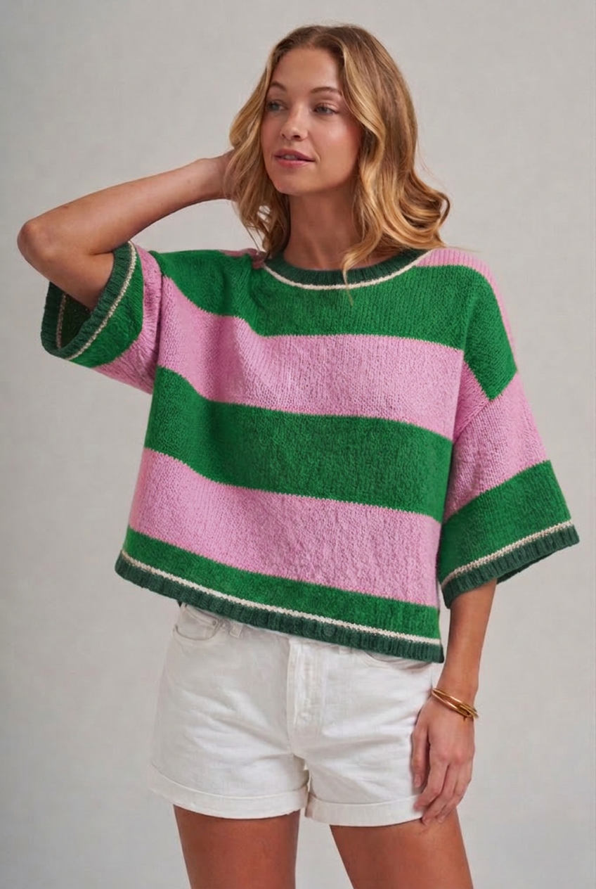 WIDE STRIPE LOOSE FIT DROP SHOULDER SWEATER TOP_JLT00303-01: BLUE/BROWN / S-M-L(2-2-2)