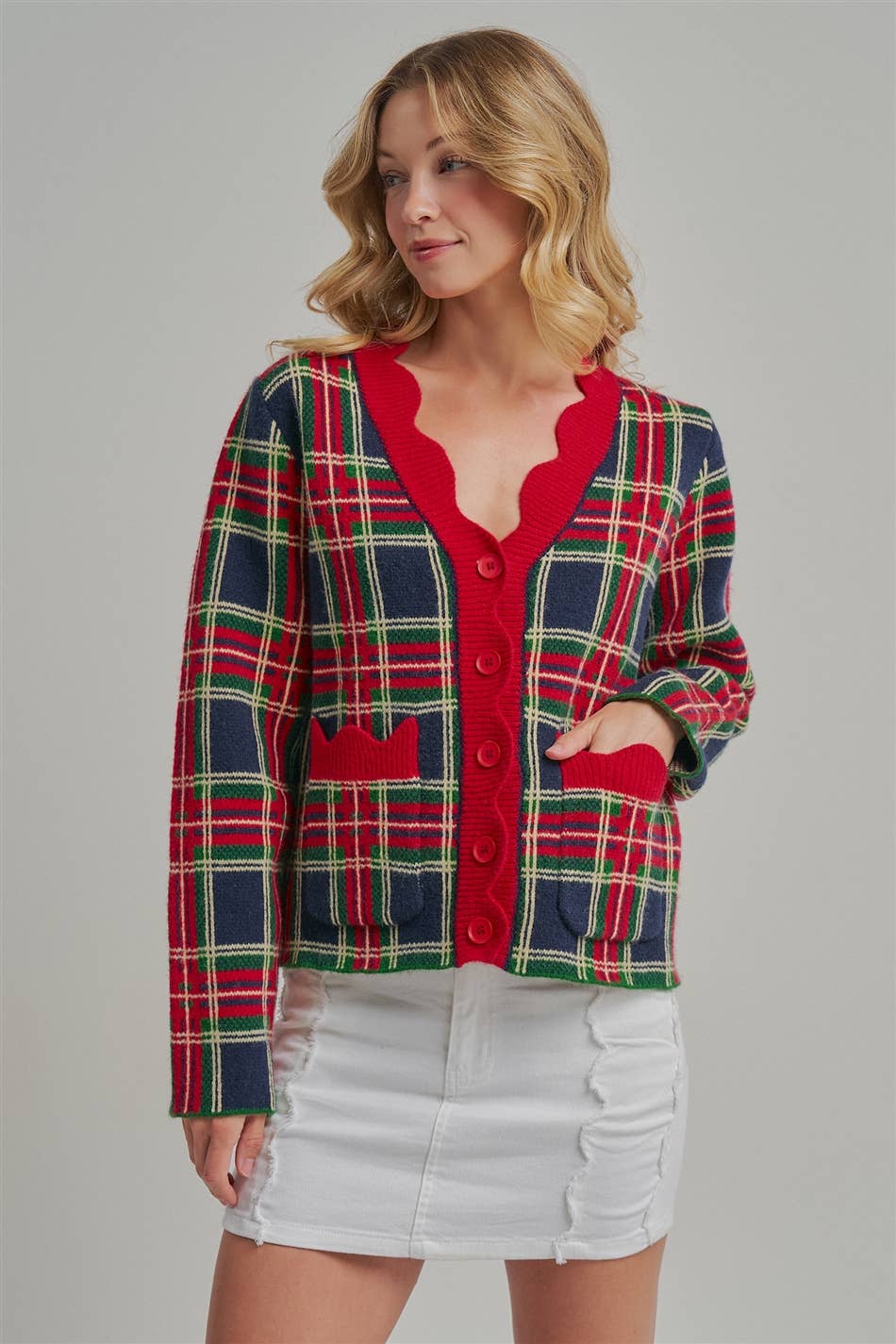 CHRISTMAS PLAID CHECK SWEATER CARDIGAN _JLT00401-02: NAVY CHECK / S-M-L(2-2-2)