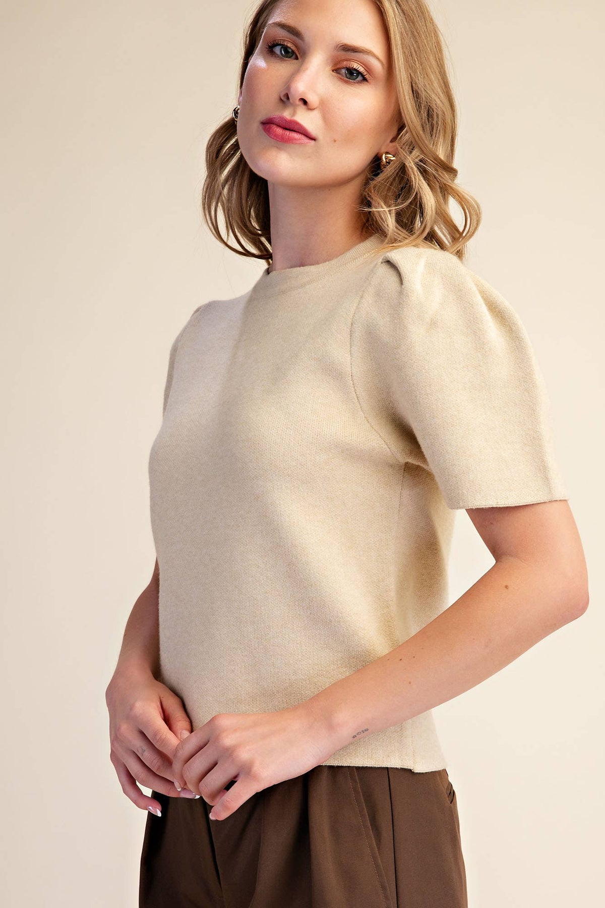 Puff Sleeve Pullover Knit Top: Teal / L