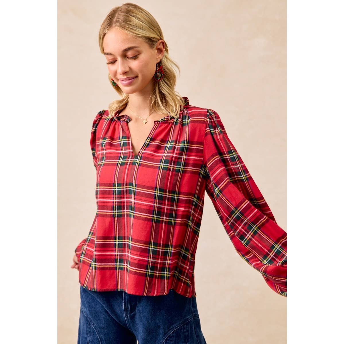 CHRISTMAS PLAID BALLOON SLEEVES RUFFLED V-NECK TOP: RED PLAID / L