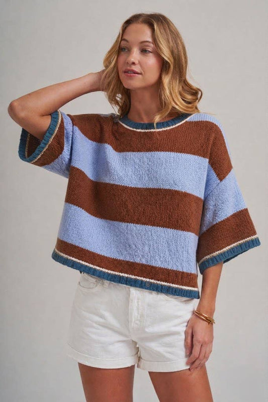 WIDE STRIPE LOOSE FIT DROP SHOULDER SWEATER TOP_JLT00303-01: BLUE/BROWN / S-M-L(2-2-2)