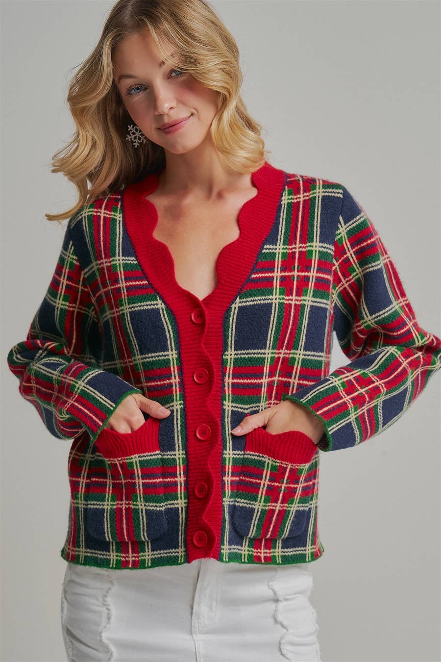 CHRISTMAS PLAID CHECK SWEATER CARDIGAN _JLT00401-02: NAVY CHECK / S-M-L(2-2-2)