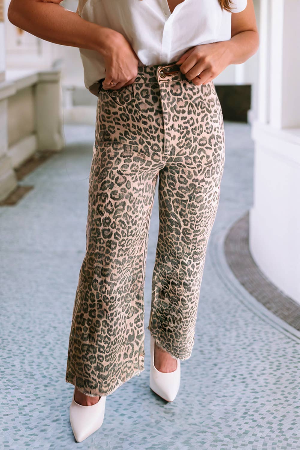 Leopard Frayed Edge Wide Leg High Waist Jeans: Brown