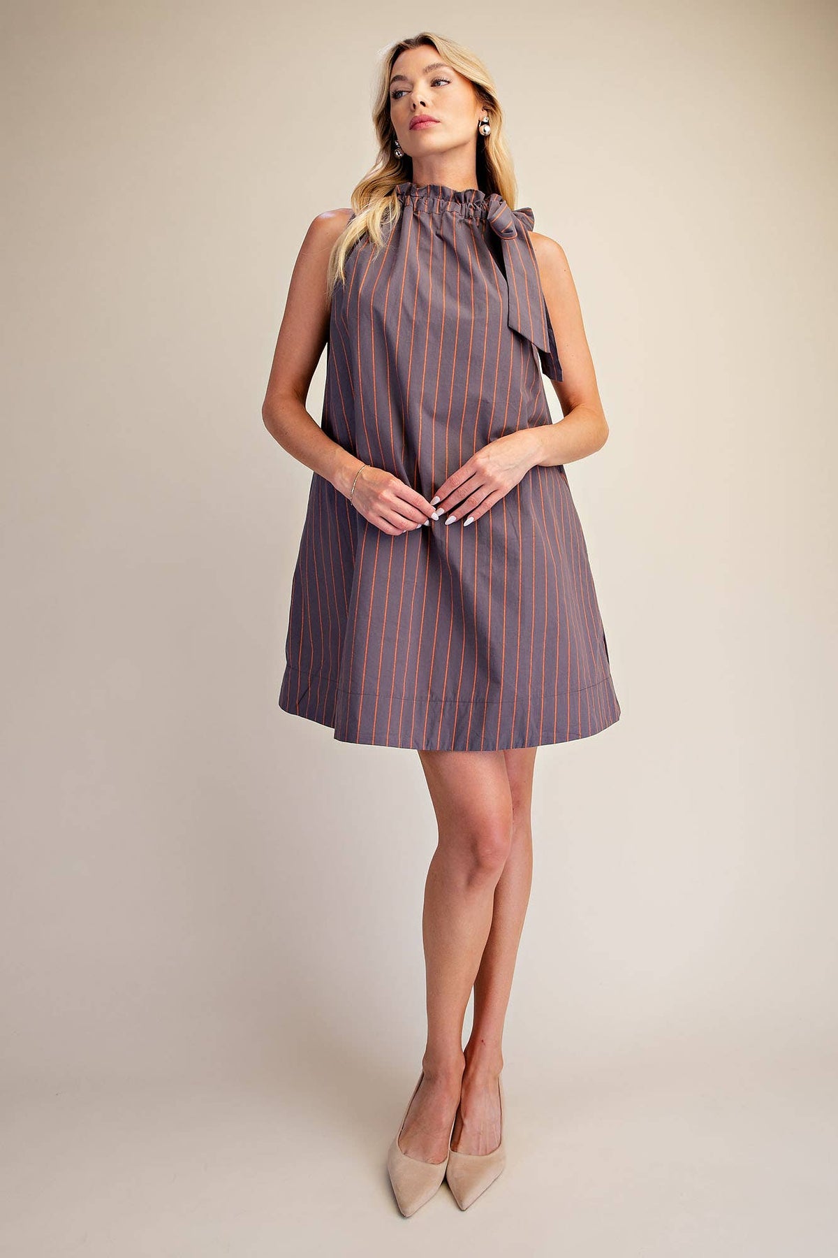 Stripe Mini Dress Ruffle Neck Adjustable Tie Sleeveless: Camel/Slate / L